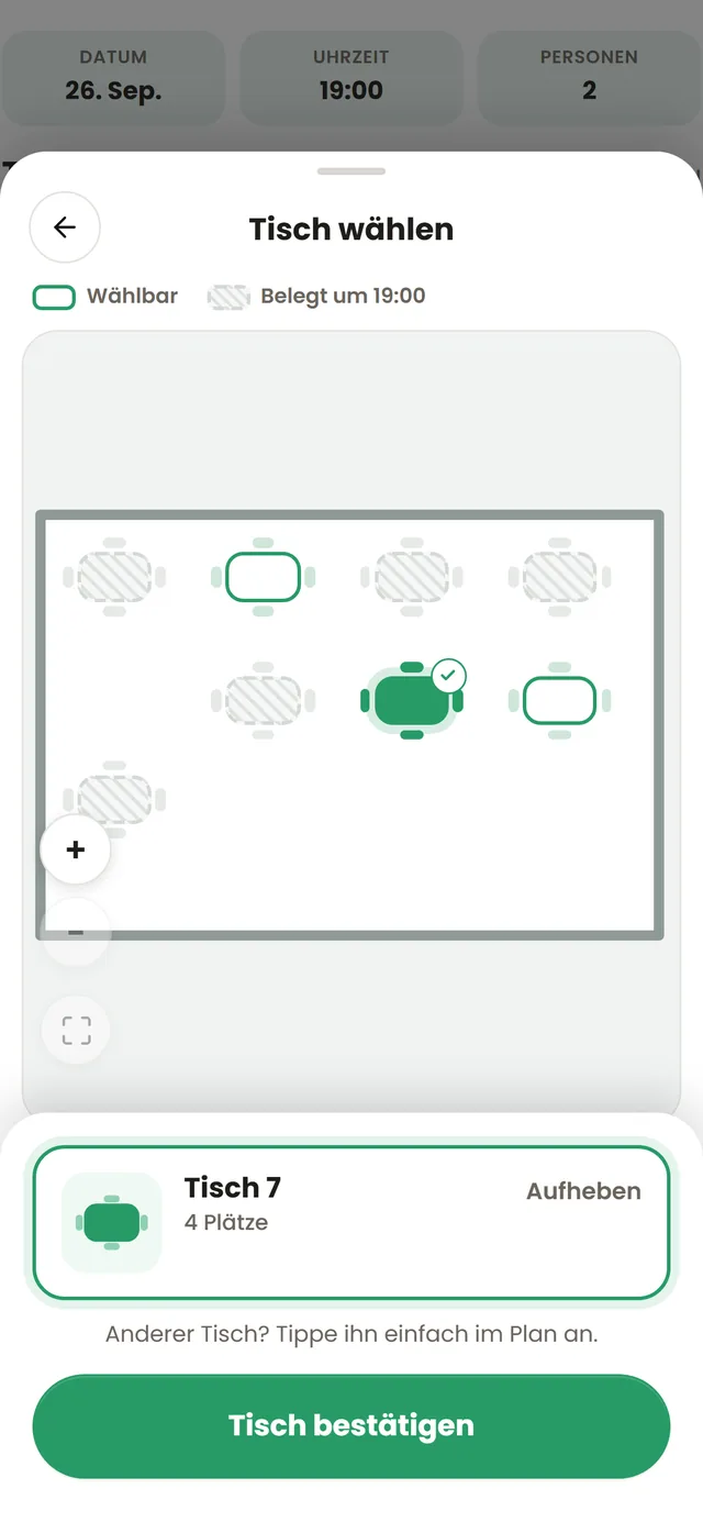 Revist auf dem Handy: Der Gast tippt im Grundriss auf Tisch 7 und bestätigt ihn